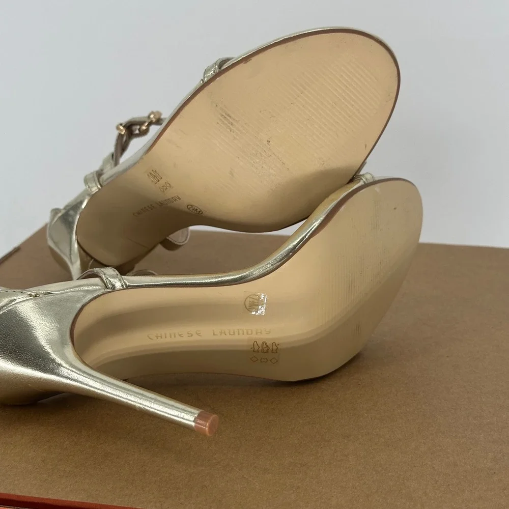 Chinese Laundry Lulus Leo Light T Gold Strap Dress Sandal Stiletto High Heel 7.5